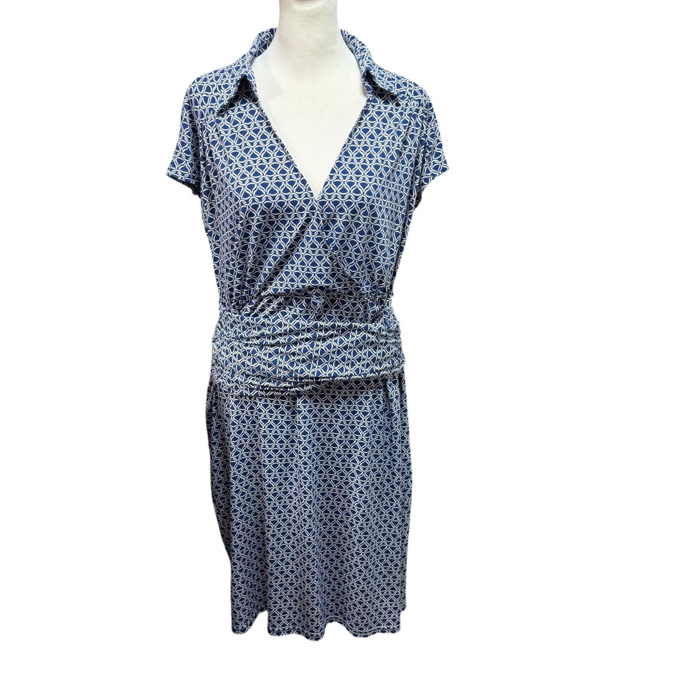 New York & Company Blue White Geometric Wrap Dress Short Sleeve V-Neck Lrg #847